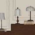 Different Style Table Lamps On Wooden Cabinets With Books And Green Plant