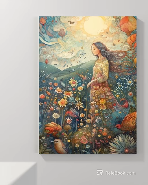 Artistic Woman Portrait With Flowing Floral Dress In Vibrant Meadow And Birds 3d model 