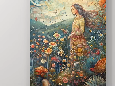 Artistic Woman Portrait With Flowing Floral Dress In Vibrant Meadow And Birds 3d model
