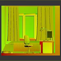 Home Office Interior With Green Yellow Walls Pink Curtains Dual Monitors And Orange Red Floor