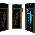Modern Hinged Doors with Metal Frame Glass Panels and Blue Neon Light Accents