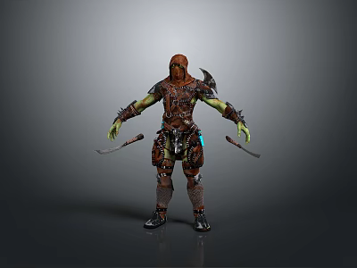 Hooded Orc Warrior Green Skinned Creature in Armor with Dual Blades Standing Pose 3d model