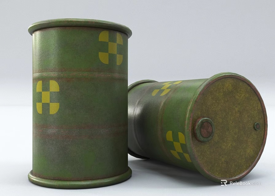 Two Green Metal Drums With Yellow Cross Symbols As Industrial Storage Equipment 3d model 