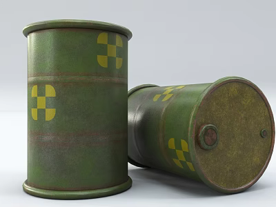 Two Green Metal Drums With Yellow Cross Symbols As Industrial Storage Equipment 3d model