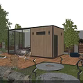 Modern Wooden Guesthouse Building With Glass Windows Outdoor Chairs Patio Lawn And Evening Lighting