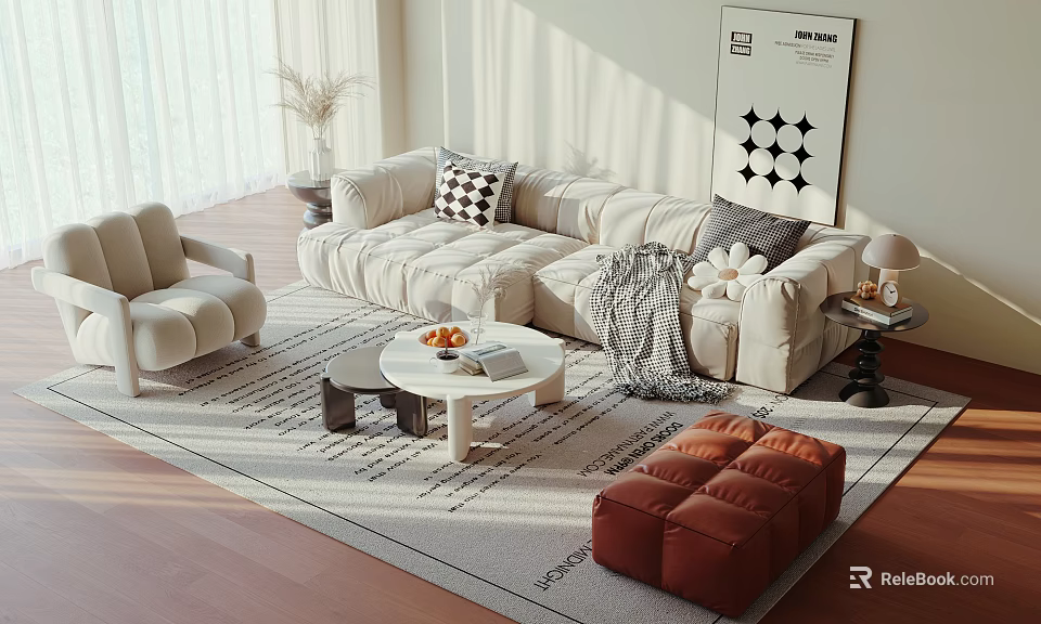 Beige Sofa And White Round Coffee Table Set With Throw Pillows Rug And Floor Lamp 3d model 