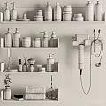 Organized Bathroom Daily Essentials With Wooden Shelves Bottles Towel And Hair Dryer