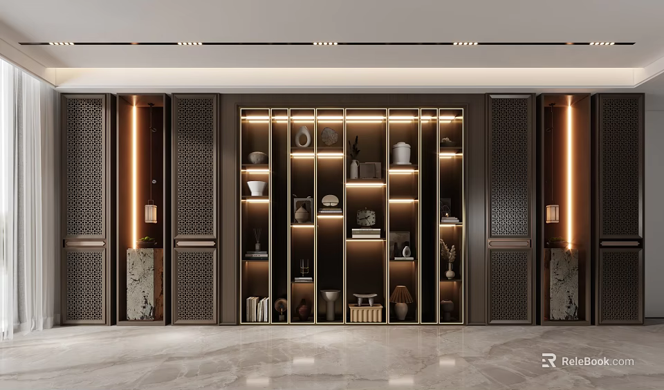 Chinese Style Interior Display Cabinet With Lattice Design Lighting Strips And Decorative Vases 3d model 