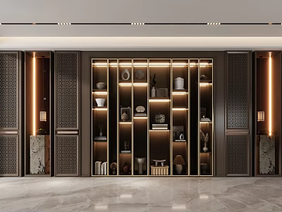 Chinese Style Interior Display Cabinet With Lattice Design Lighting Strips And Decorative Vases 3d model