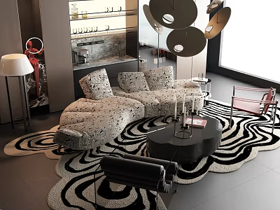 Modern Stylish Patterned Sofa And Round Coffee Table Set With Geometric Rug And Floor Lamp 3d model