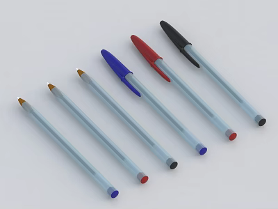 Set of Six Transparent Bodied Pens with Various Color Tips Neatly Arranged for Writing 3d model