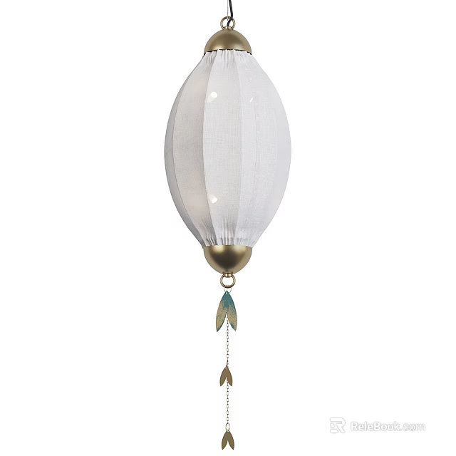White Fabric Ovoid Chandelier with Gold Ball Base and Teal Feather-like Pendants 3d model 
