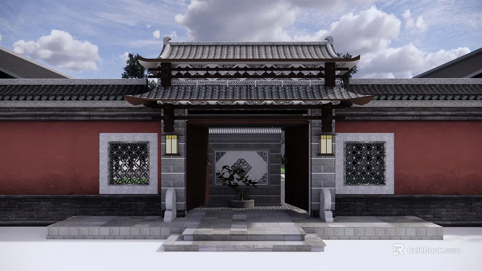Traditional Ancient Chinese Architecture Gate with Classic Roof Overhanging Eaves Red Walls and Lattice Windows 3d model 