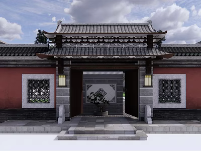 Traditional Ancient Chinese Architecture Gate with Classic Roof Overhanging Eaves Red Walls and Lattice Windows 3d model