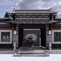 Traditional Ancient Chinese Architecture Gate with Classic Roof Overhanging Eaves Red Walls and Lattice Windows