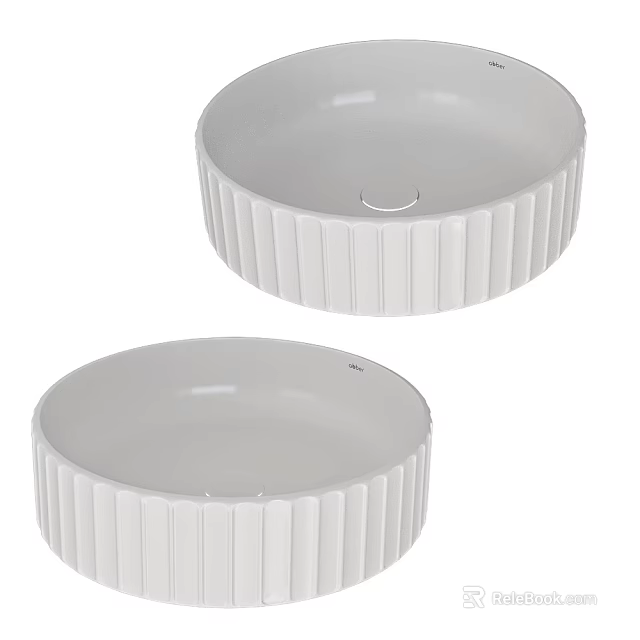 Two White Round Ceramic Washbasins With Vertical Ribbed Edges And Smooth Surface 3d model