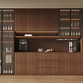 Modern Wooden Wine Cabinet With Glass Doors Wine Bottles Glasses And Coffee Machine