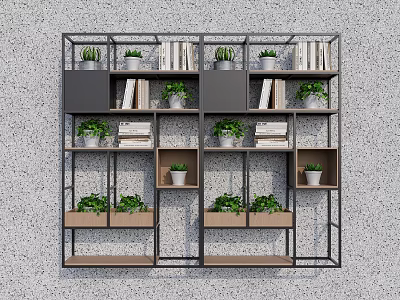 Modern Bookcase With Metal Frame Wooden Shelves Books And Potted Plants 3d model