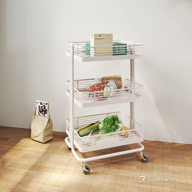 Three Tier White Bathroom Cabinet Rack With Wheels For Storage Organization 3d model 