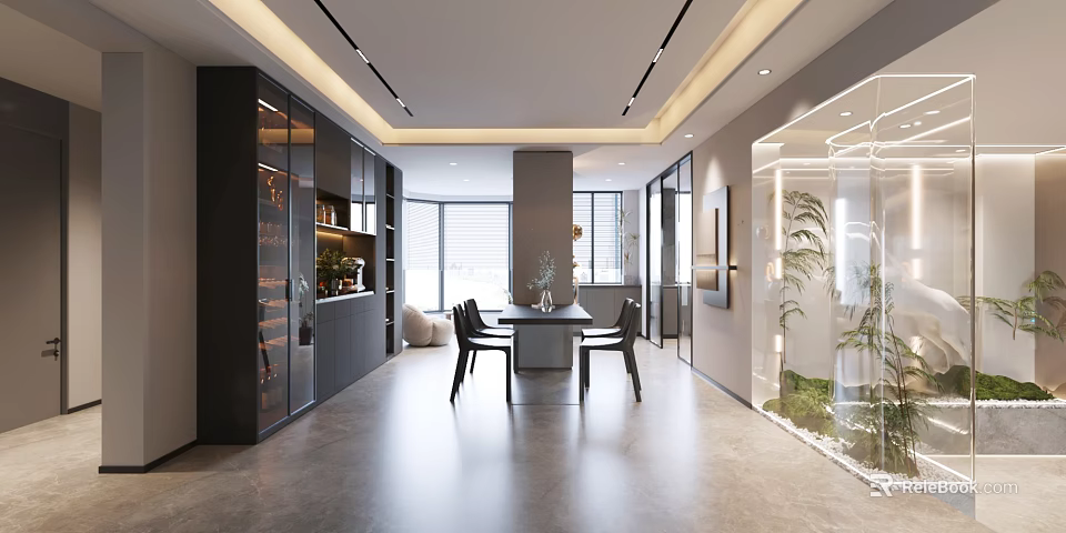 Modern Living And Dining Area Interior With Dining Table Chairs Large Windows Recessed Lighting And Cabinets 3d model 