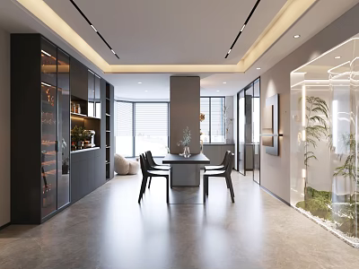 Modern Living And Dining Area Interior With Dining Table Chairs Large Windows Recessed Lighting And Cabinets 3d model