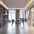 Modern Living And Dining Area Interior With Dining Table Chairs Large Windows Recessed Lighting And Cabinets
