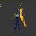 Futuristic Armored Warrior Character With Purple Armor Yellow Sword And Shield