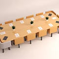 Rectangular Wooden Conference Table With Multiple Chairs Notebooks And Small Potted Plants 3d model