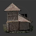 Old Wooden House With Red Tiled Roof Brick Walls Porch Railing And Grass