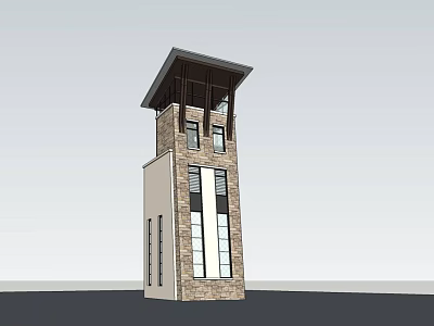Modern Architectural Tower Design With Stone Brick Exterior Glass Windows And Upper Roof Structure 3d model