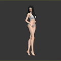 Woman With Long Black Hair Wearing Gray Tank Top And Underwear Barefoot Against Gray Background