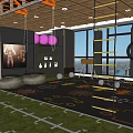 Spacious Functional Fitness Gym With Climbing Frame Gym Rings Green Turf And City View Windows