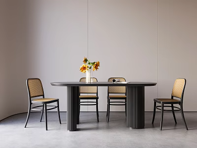 Modern Minimalist Round Dining Table With Rattan Back Chairs And Sunflowers 3d model