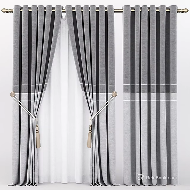 Black And White Striped Curtains With Sheer Layers And Gold Tiebacks 3d model 