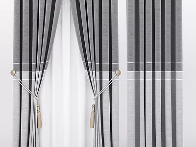 Black And White Striped Curtains With Sheer Layers And Gold Tiebacks 3d model