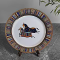 Ornamental Decorative Set Featuring Circular Plate With Horse Design And Colorful Border On Stand