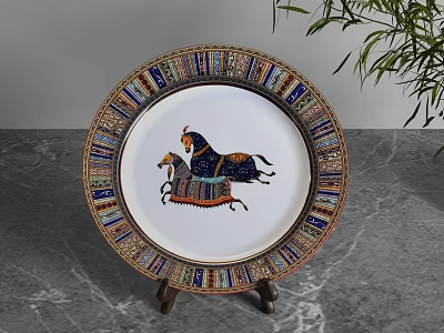 Ornamental Decorative Set Featuring Circular Plate With Horse Design And Colorful Border On Stand 3d model