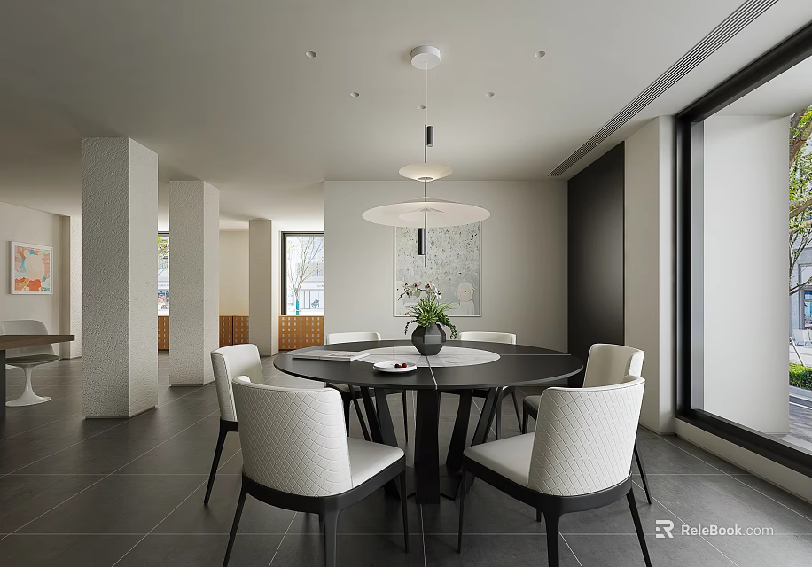Modern Restaurant Interior With Round Dining Table White Chairs Pendant Light And Large Windows 3d model 