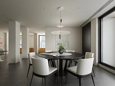 Modern Restaurant Interior With Round Dining Table White Chairs Pendant Light And Large Windows 3d model