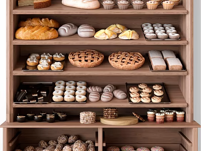 Bakery Display Shelf With Bread Donuts Pies Cupcakes And Cookies On Multiple Layers 3d model