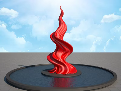 Red Spiral Flame Shaped Landscape Sculpture In Circular Water Pool With Blue Sky White Clouds 3d model
