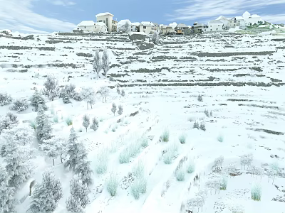 Scenic Snowy Hillside Landscape With White Houses Trees And Green Plants 3d model