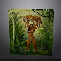 Cube Artwork Display Featuring Woman Holding Leopard in Green Tropical Rainforest