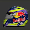 Vibrant Race Car Driver Helmet Featuring Red Bull Cash App Blue Yellow Purple Design