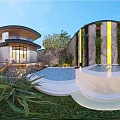 Outdoor Modern Dining Table With White Lounge Chairs Wooden Deck And Poolside Lighting