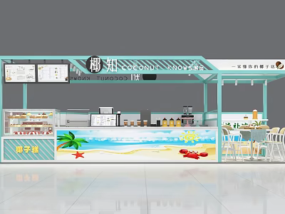 Coconut Milk Tea Shop Featuring Light Blue White Decor Beach Starfish Crab and Menu Counter 3d model