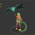 A Woman Wearing Goggles With Long Tail Standing Next To Bird With Spread Wings