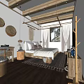 Hotel Guest Room Featuring Wooden Structure White Canopy Bed Window Curtains And Wooden Floor Rug