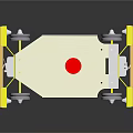 Mechanical Platform Device With Yellow Frame Red Cylinder And Rolling Wheels