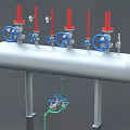 Industrial Equipment Cylindrical Tank With Red Valve Tops Blue Handles Pressure Gauge And Pipes